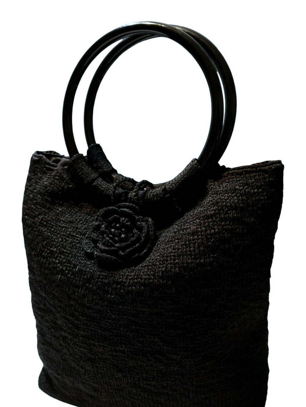 Vintage Black Crochet Flower Handbag O-Ring Handle StructuredBade Tote Boho
